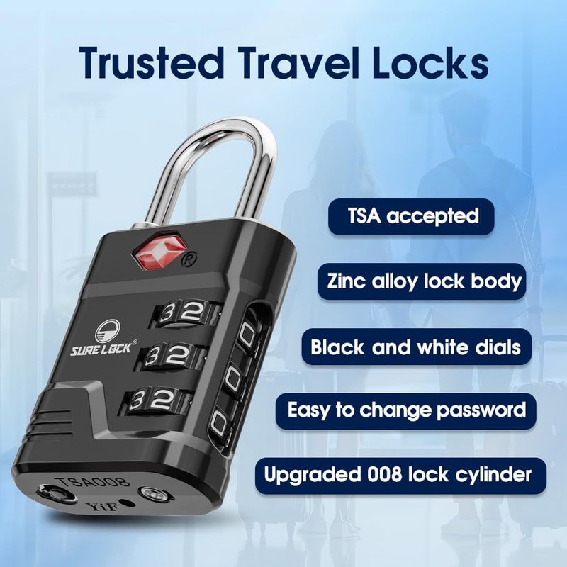 SURE LOCK أقفال TSA للأمتعة، أقفال أمتعة معتمدة من TSA مع تنبيه فتح، مفتاح 008 لأمان عالي، أقراص سهلة القراءة، جسم من سبائك الزنك، قفل خزانة للحقائب، صالة رياضية، سفر. (أسود 4 حزمة) - Image 5